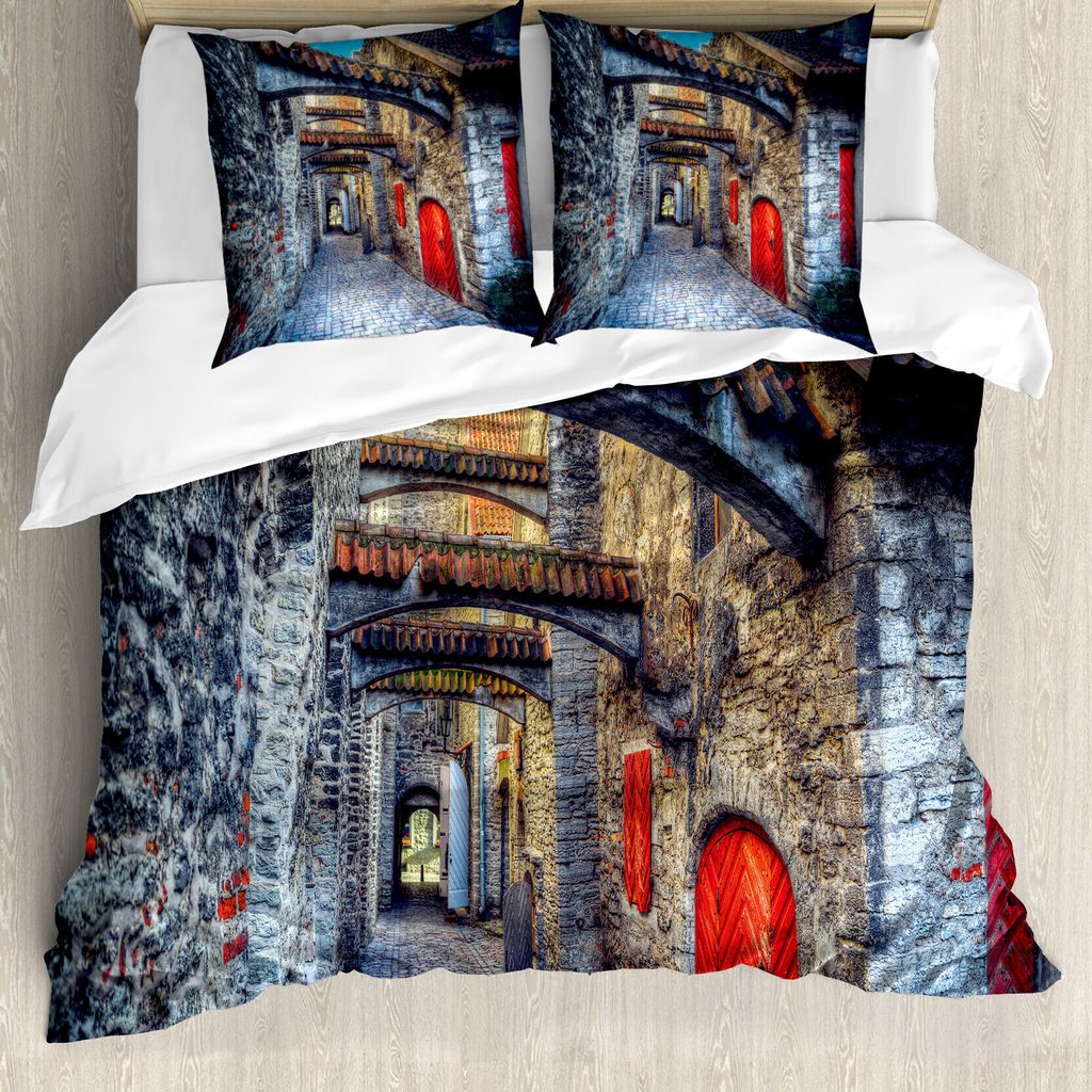 ABAKUHAUS Mittelalterlich Bettbezug, Old Stone House Stadt, Milbensicher Allergiker geeignet mit Kissenbezügen, 200 cm x 200 cm - 80 x 80 cm, Grau...