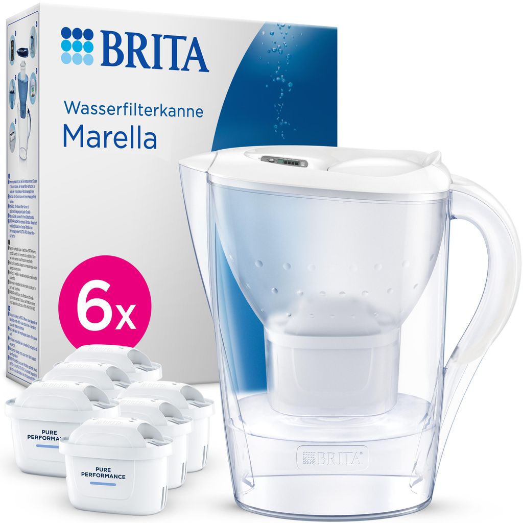 1x BRITA Wasserfilter-Kanne MAXTRA Marella weiß, 6x Pure Produktbild 