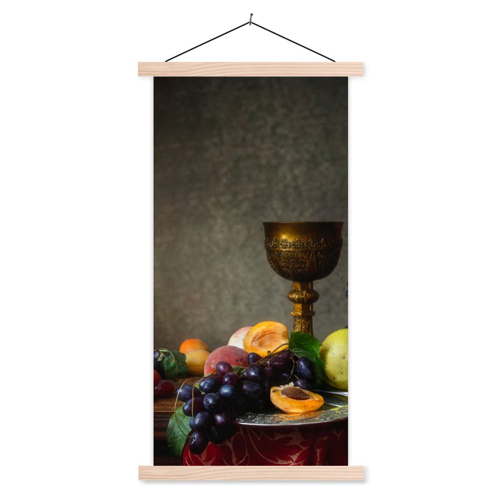 MuchoWow Textilposter Rustikal - Tisch - Obst - Stilleben - Tasse 40x80 cm mit holzfarbenen Rahmen - Wohnzimmer