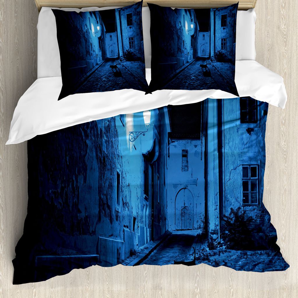 ABAKUHAUS Städtisch Bettbezug, Black Cat Verlassene Straße, Milbensicher Allergiker geeignet mit Kissenbezügen, 200 cm x 200 cm - 80 x 80 cm, Bl...