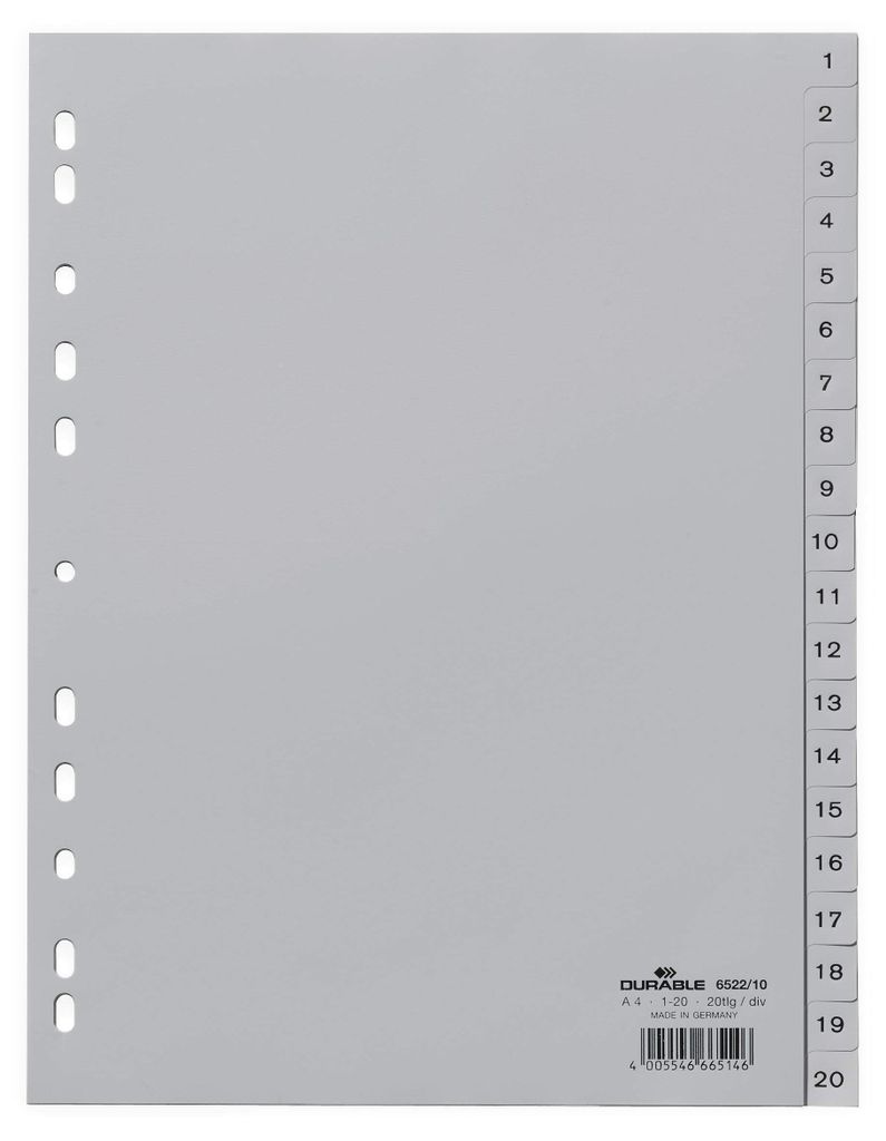 Indeks, PP, 1 - 20, szary, DIN A4, 215/230 x 297 mm, 20 Zdjęcie produktu 