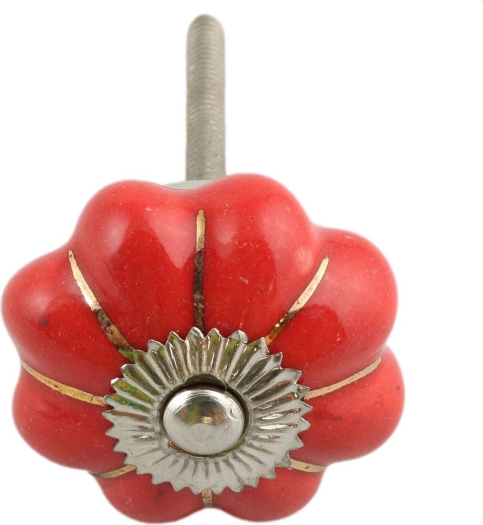 Möbelknauf aus Keramik Shabby Chic Rosette - einfarbig - rot - silber
