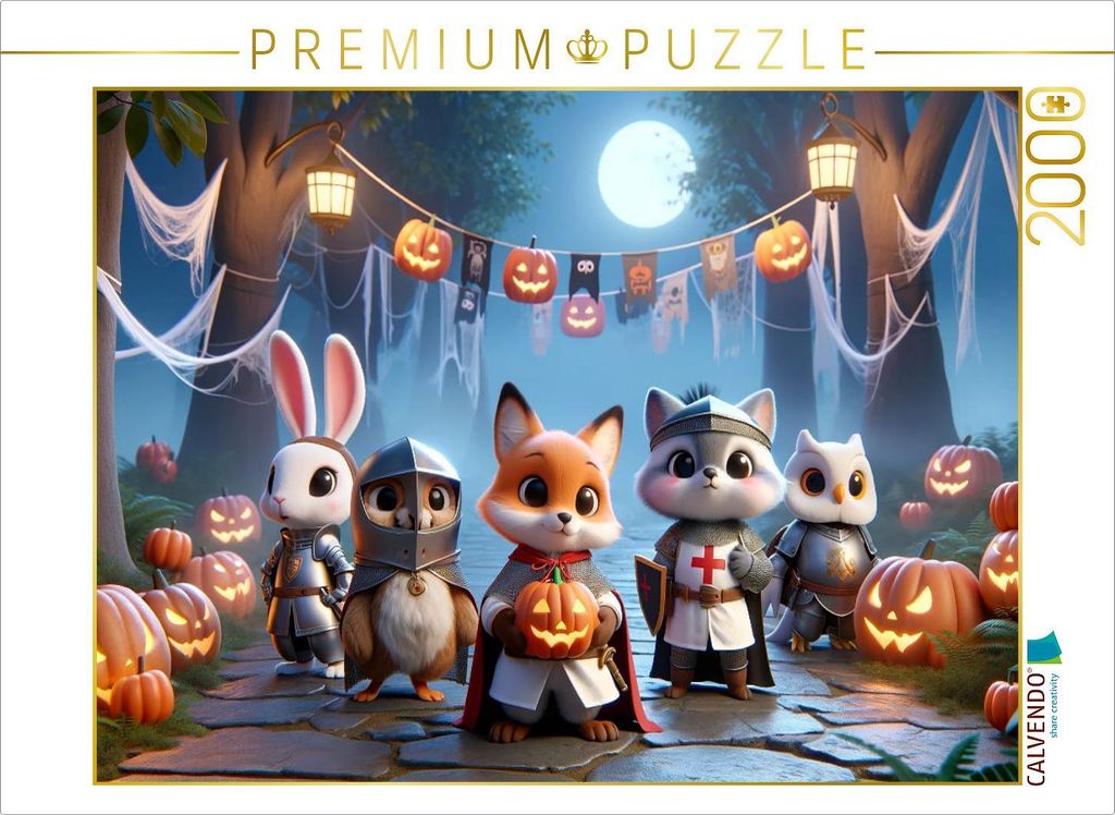 CALVENDO Puzzle Das Halloween-Fest im Ritterwald: Gruselspaß und Kürbisschnitzen | 2000 Teile Lege-Größe 90x67cm Foto-Puzzle für glückliche S...
