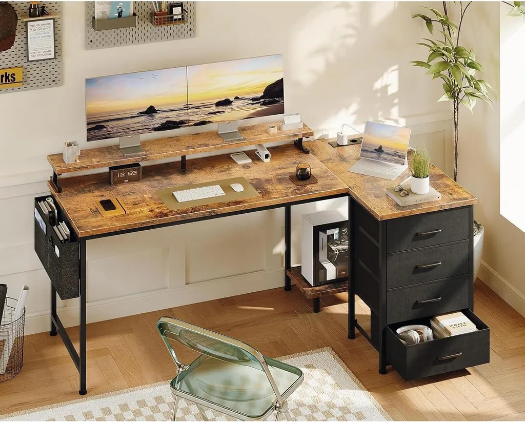 Bureau d'angle ergonomique 160cm avec port USB et support de moniteur