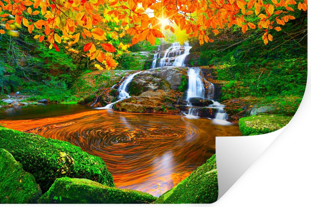 MuchoWow Wandtattoo Wandsticker Wandaufkleber Natur - Wasserfall - Steine - Moos - Blätter - Grün 60x40 cm Selbstklebend und Repositionierbar -...