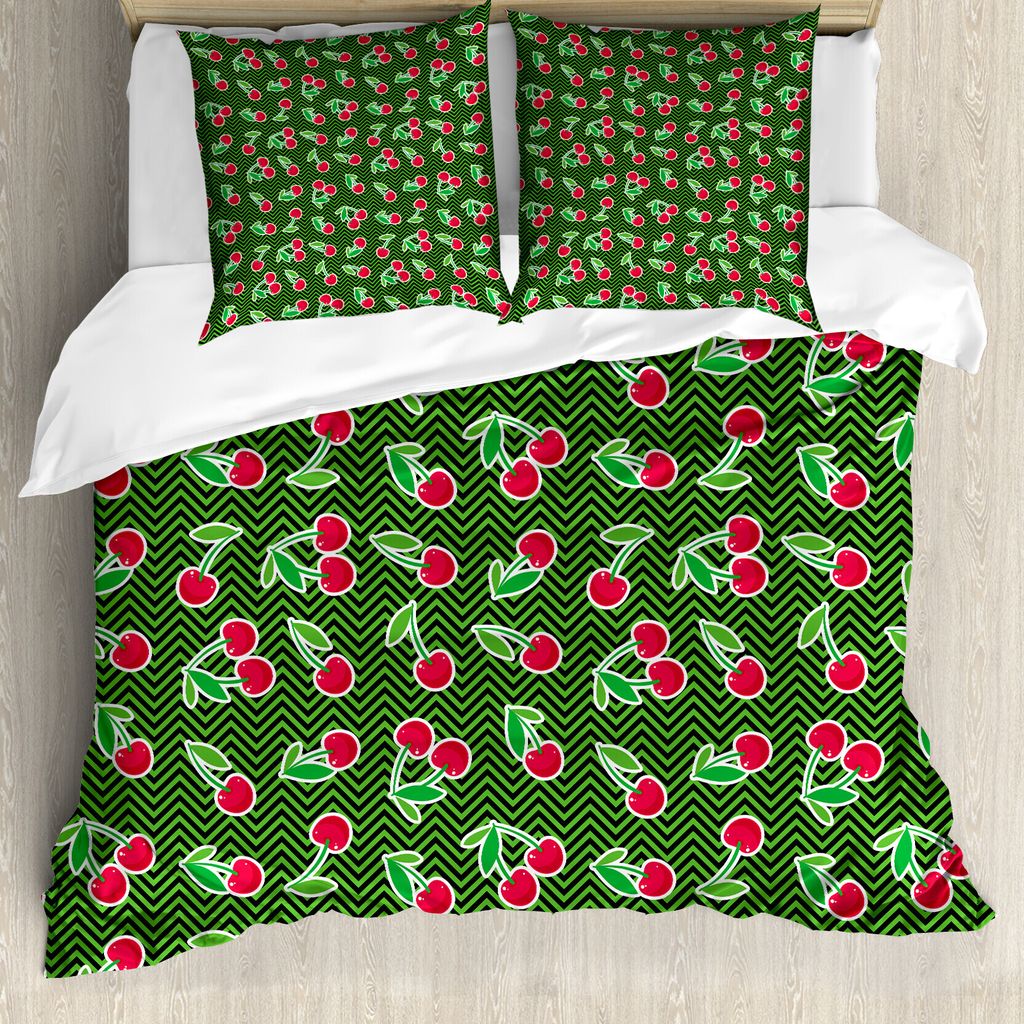 ABAKUHAUS Kirsche Bettbezug Set für Einzelbetten, Frische Früchte auf Zick-Zack-Art, Milbensicher Allergiker geeignet mit Kissenbezug, 200 cm x 2...