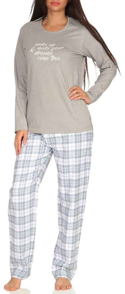 Damen Flanell Schlafanzug langarm Pyjama - Top Single Jersey, Hose Flanell - 202 201 10 602 ; grau , 48