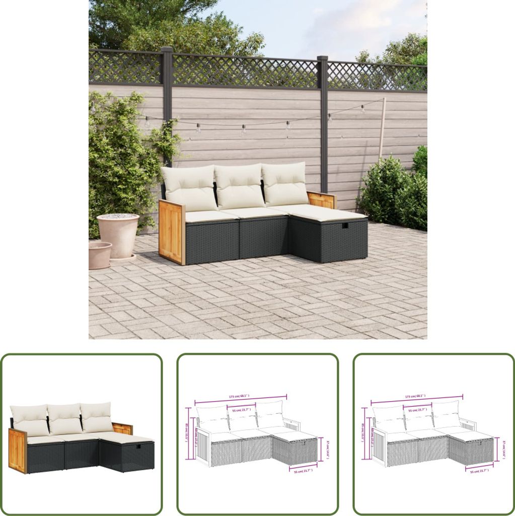 The Living Store 4-tlg. Garten-Sofagarnitur mit Kissen Schwarz Poly Rattan