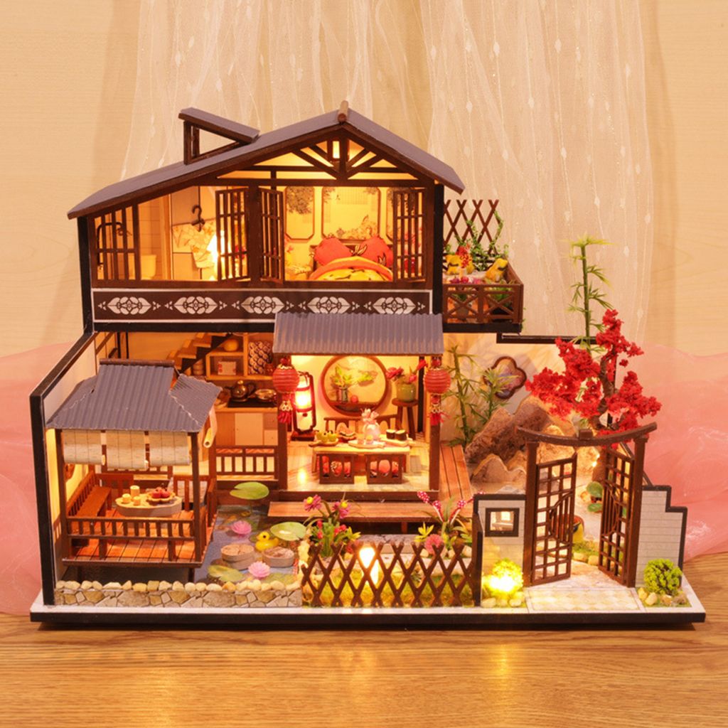 Japanisch Villa Puppenhaus DIY Puppenhaus Miniatur Möbel LED Licht Sets 