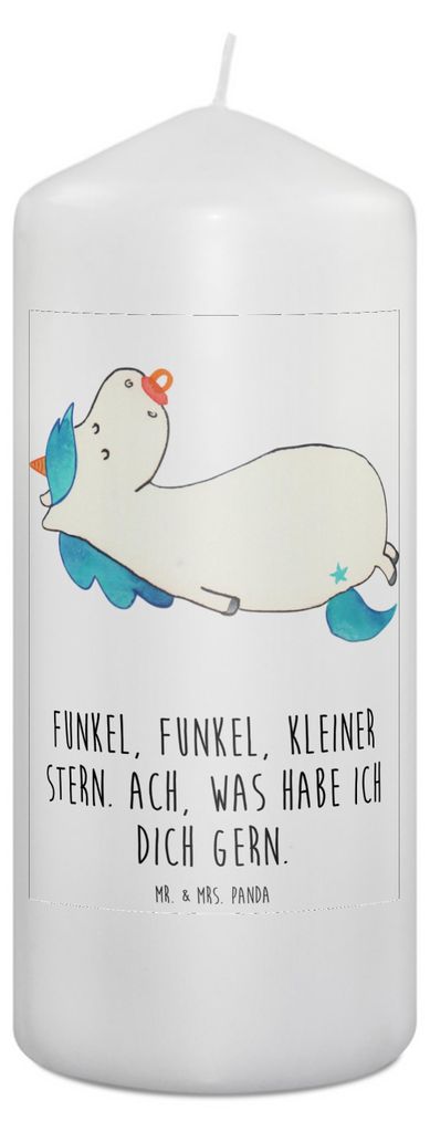 Mr. & Mrs. Panda Kerze Einhorn Schnuller 19 x 8 cm - Weiß - Geschenk, Einhörner, Stumpenkerze, Mama, Baby, Unicorn, Mutter, Bedruckte, Zylinderke...