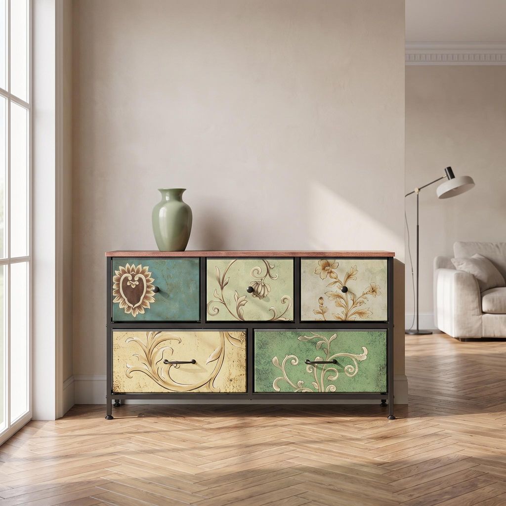 INONEFT Retro-dressoir met 5 laden, dressoir met stalen Productafbeelding 