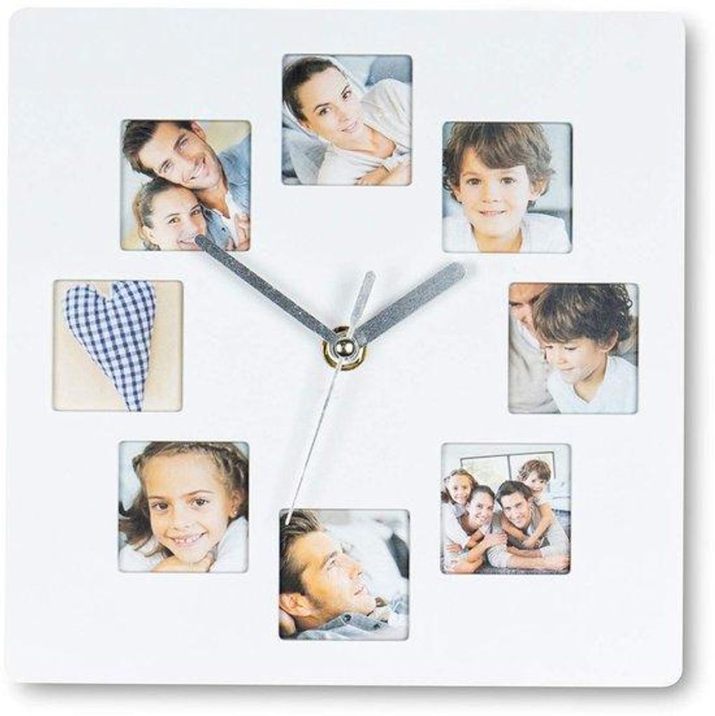 Weißer 21x21 cm Bilderrahmen für 8 Fotos, Küchengeschirr, Wanduhr, Fotocollage und Galerie Wandgestaltung