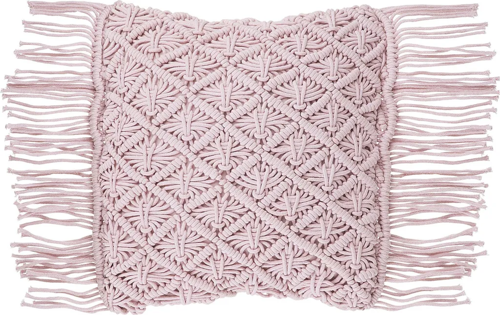 Coussin Bohème Rose 40x40 en Coton avec Macramé et Franges Rétro