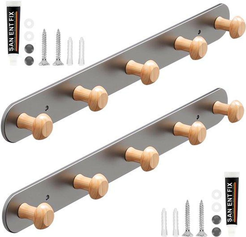 2 Stücke, Holz-Kapstok-Haken, Kapstok mit 5 Holz-Haken - Kapstok-Rail Küche. Wandkapstok, selbstklebend, Grau-Kohlenstoff-Stahl.
