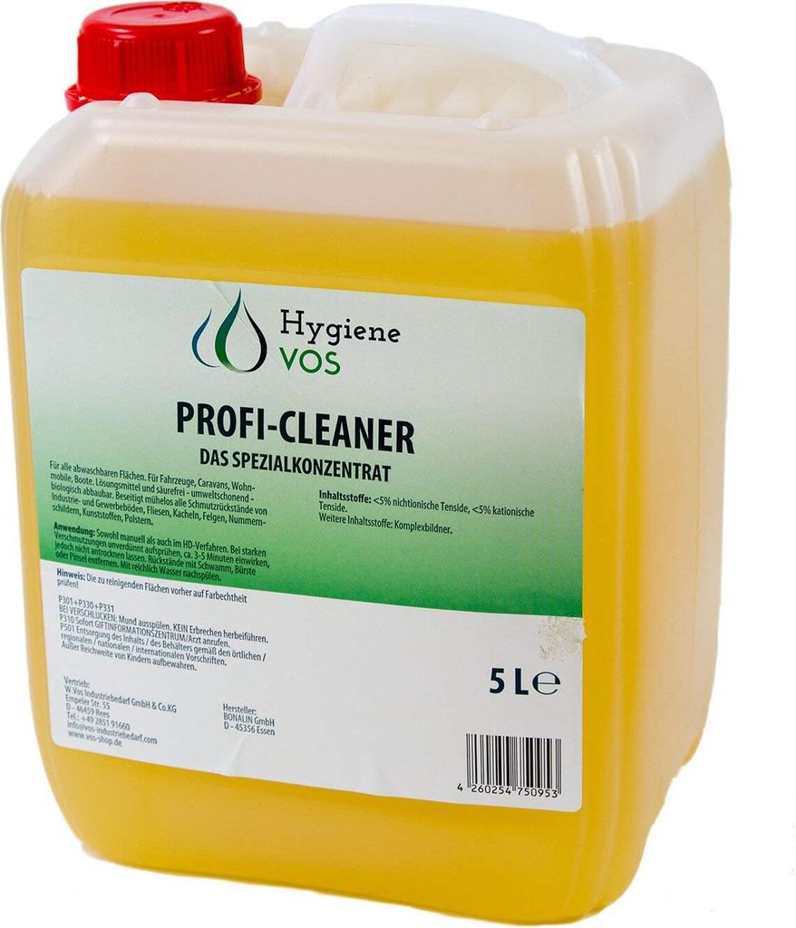 A yellow plastic container of cleaning fluid with a red cap and a label.