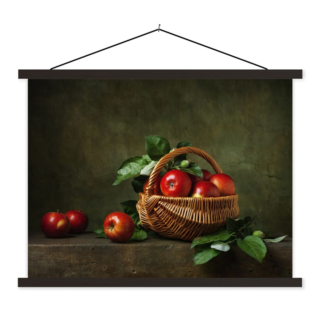 MuchoWow Textilposter Rustikal - Apfel - Obst - Rot - Korb - Stilleben 120x90 cm mit schwarzem Rahmen - Aufhänger für Poster