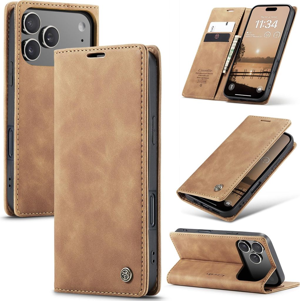 Hülle für iPhone 17 Pro Retro Kunstledertasche mit Standfunktion Schutzhülle Braun