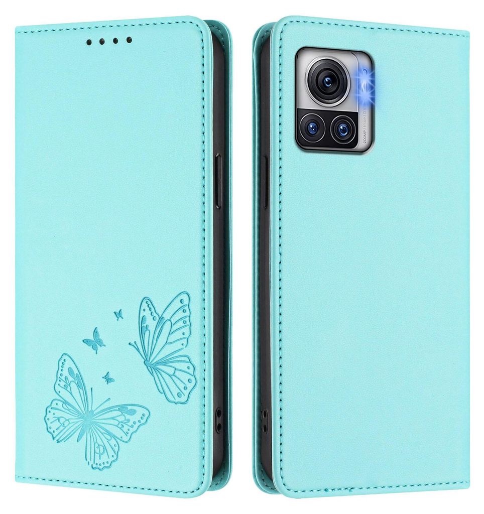 Lederhülle für Motorola Edge 30 Ultra/Moto X30 Pro, Schmetterling Prägung Leder Brieftasche Schutzhülle mit Ständer Türkis
