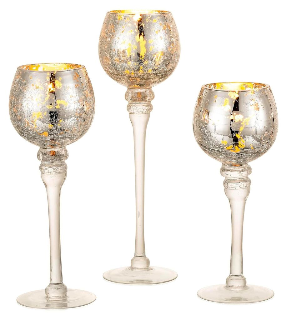 Teelichthalter aus Glas - 3 Stück Kerzenständer aus Quecksilberglas für Tischdekoration in Silber für Teelichter und Schwimmkerzen, Weihnachtsd...