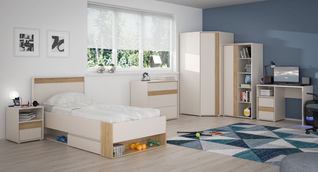 Jugendzimmer Wexlin in Mauvella Eiche und Sand 6 teiliges Kinderzimmer Komplett Set mit Lamellenoptik - Jugendzimmer Kinderzimmer Möbel Teenagerzi...