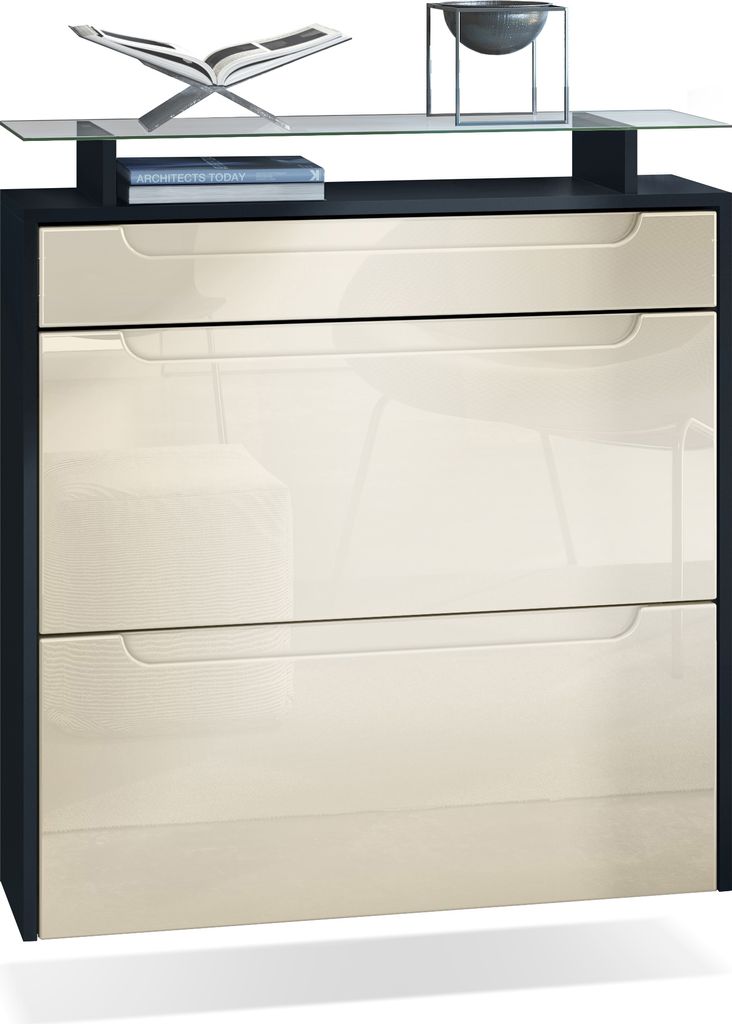 Vladon Schuhschrank Annie, Schuhkipper für 16 Paar Schuhe mit 2 Klappen, 1 Schublade und Glasablage, Schwarz matt/Creme Hochglanz, Griffmulden in ...