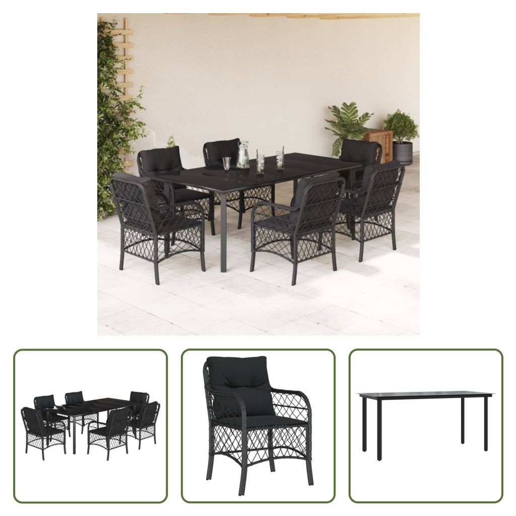 The Living Store 7-tlg. Garten-Essgruppe mit Kissen Schwarz Poly Rattan