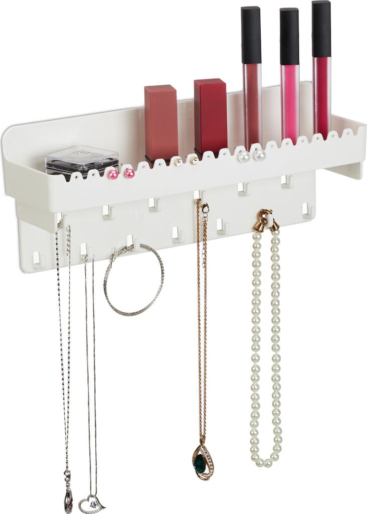 Relaxdays Schmuckhalter Wand, für Ketten, Ohrringe & Armbänder, Kettenhalter mit Ablage, HxBxT: 12 x 30 x 8 cm, weiß