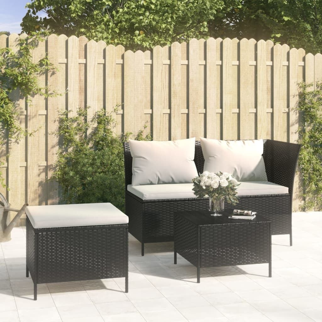The Living Store 3-tlg. Garten-Lounge-Set mit Kissen Schwarz Poly Rattan