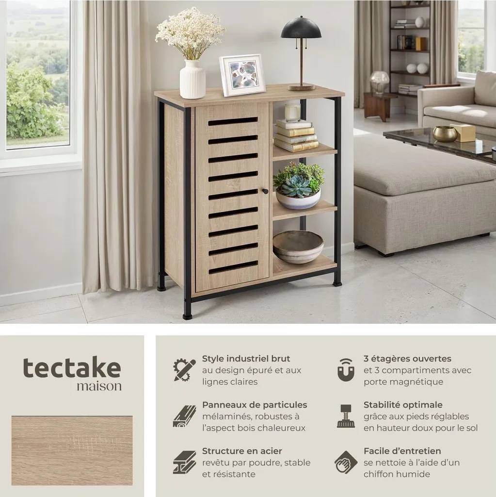 Buffet Chêne Sonoma 71x32x82cm - Enfilade Bois Clair Style Industriel