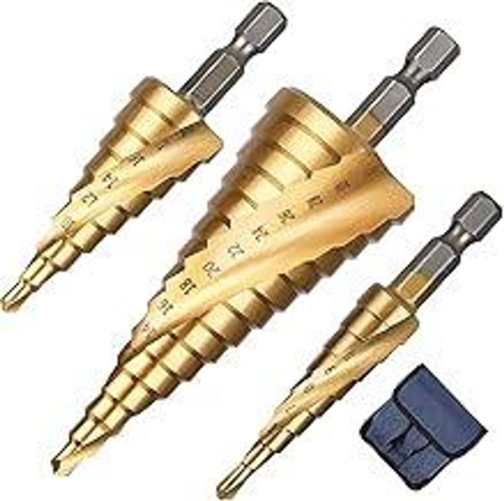 Flintronic HSS Stufenbohrer, 3-tlg Stufenbohrer Set, Schälbohrersatz, Exact Spiralnut Kegelbohrer, 4 mm bis 12/20/32mm Titanbeschichtet Profi Meta...