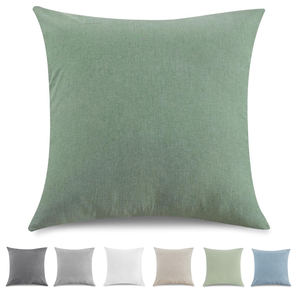 1 Kissenbezug 40 x 40 cm – 100 % gewaschene Baumwolle, -, Leinenoptik und atmungsaktiv, grüner Kissenbezug mit Reißverschluss