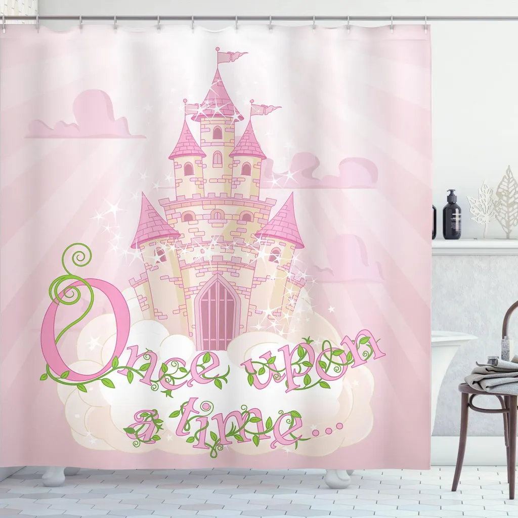 ABAKUHAUS C'era una volta una tenda da doccia, Fata Princess Castle su nuvole nel cielo Surreal Dream World Girls Story, 175 x 180 cm, rosa crema verde