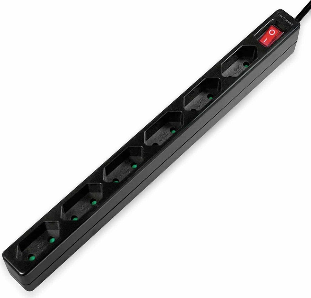 A black power strip with six outlets and a red on/off switch is shown against a white background.