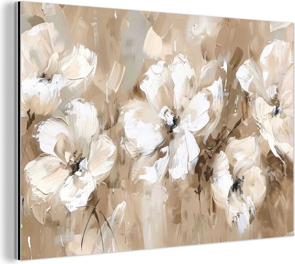 MuchoWow Wanddekoration Metall Metallbild Wandkunst 60x40 cm Blumen - Beige - Abstrakt - Modern MuchoWow Aluminium Gemälde - Gemälder