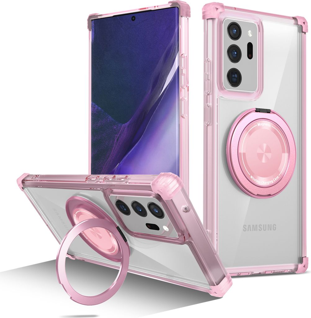 Handyhülle für Samsung Galaxy Note 20 Ultra 5G Magnetisches Ringhalter Ständer Kompatibel mit Magsafe Militärschutz Transparente Hülle Pink