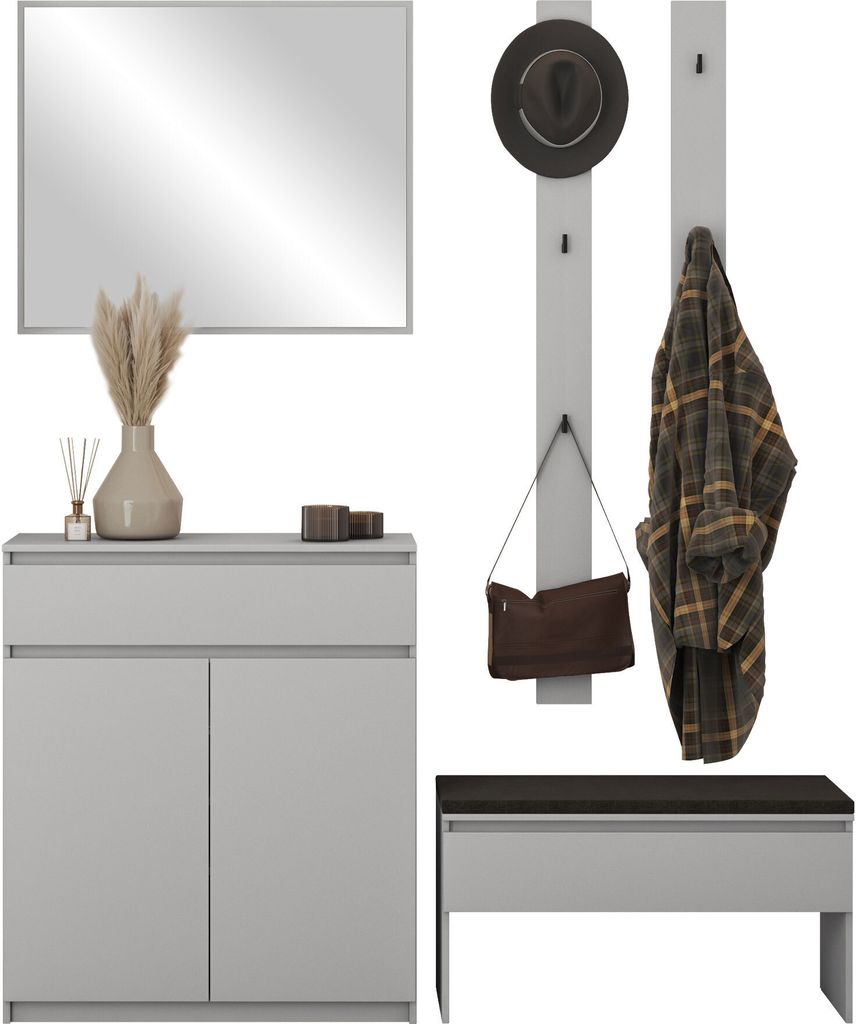 MIRJAN24 Garderobe-Set Simply I, Garderobe & Flur, 5er-Set - Kommode, Schuhschrank, Spiegel, 2x Kleiderhakenbretter (Farbe: Grau / Grau + Ontario 97)