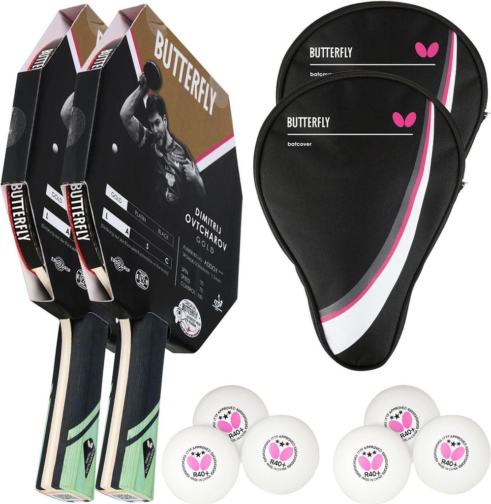 Butterfly 2x Dimitrij Ovtcharov Gold Tischtennisschläger + 2x Tischtennishülle Drive Case + 6x 40+ 3*** Tischtennisbälle