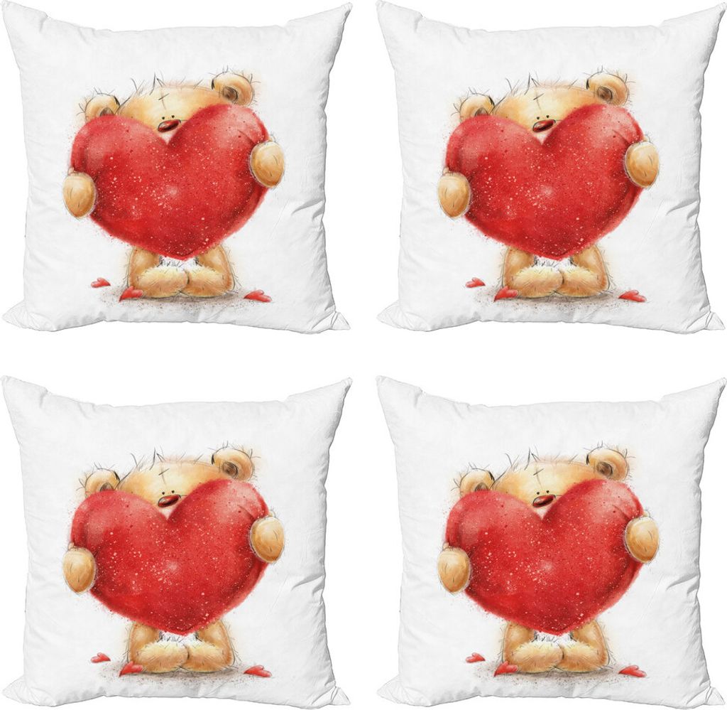 ABAKUHAUS Bär Kissenbezug Set (4 Stück), Romantisches Mascot Red Heart, Moderner Doppelseitiger Digitaldruck, 40 cm x 40 cm, Sand, Braun, Rot