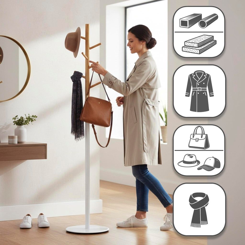 HAKU Möbel Garderobenständer natur, weiß - Massivholz, Metall, B/H/T: 30x173x30 cm