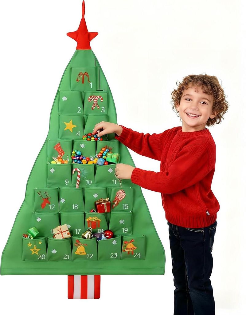 Hängende Aufbewahrungstasche für Weihnachts-Adventskalender – Baumform, Wand-/Türmontage, 24 Geschenktaschen, für Weihnachtsdekoration und Ge...