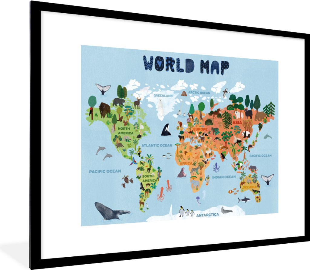 MuchoWow® Gerahmtes Poster Weltkarte - Kinder - Tiere - Produktbild 