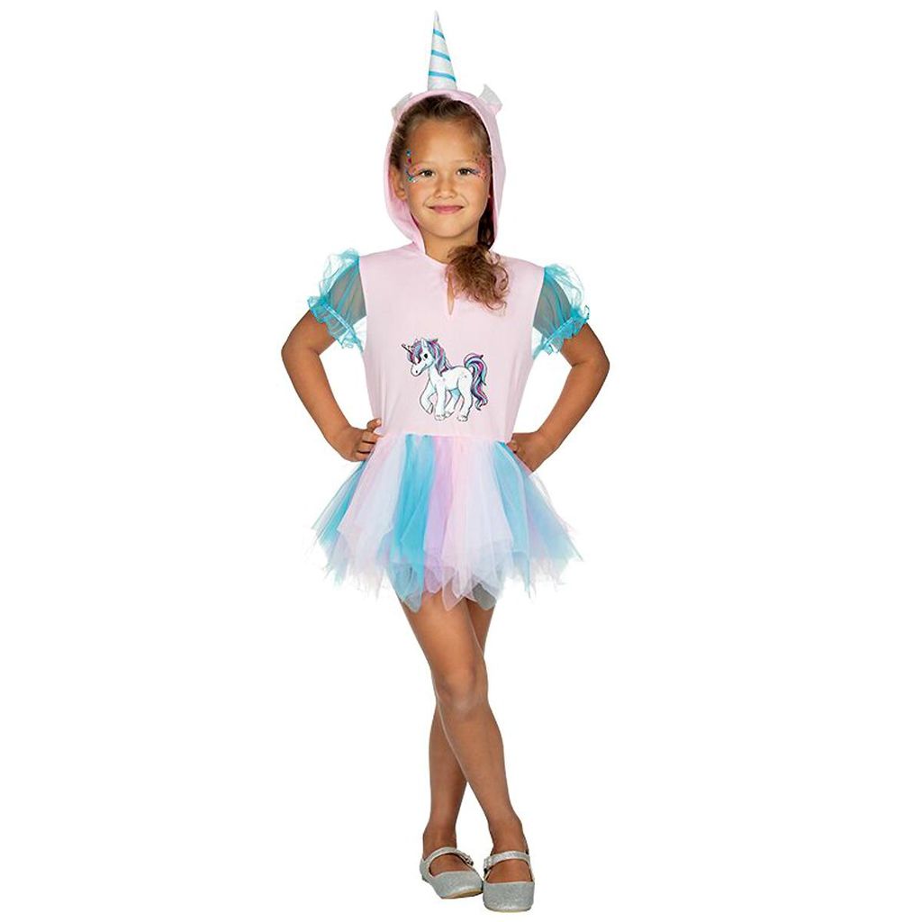 Kinder Einhorn Kostüm (Kleid mit Kapuze & Horn) Größe: 128 (6-7 Jahre)