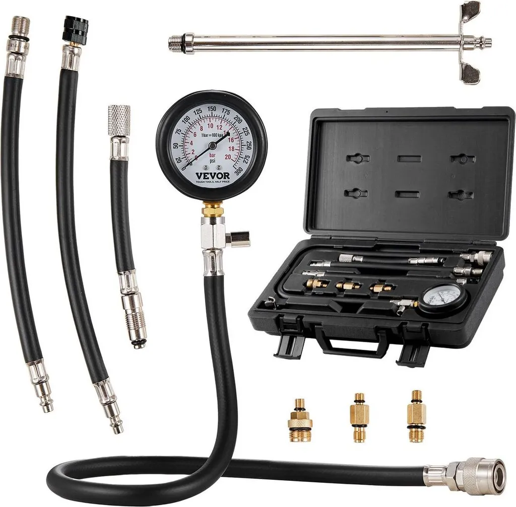 Kit adattatore per tester di compressione, 9 pezzi per test di compressione e tenuta dei cilindri dei motori automobilistici, manometro preciso a doppia scala 0-300 psi, con tubi flessibili a lunga portata e custodia per cilindri dei motori