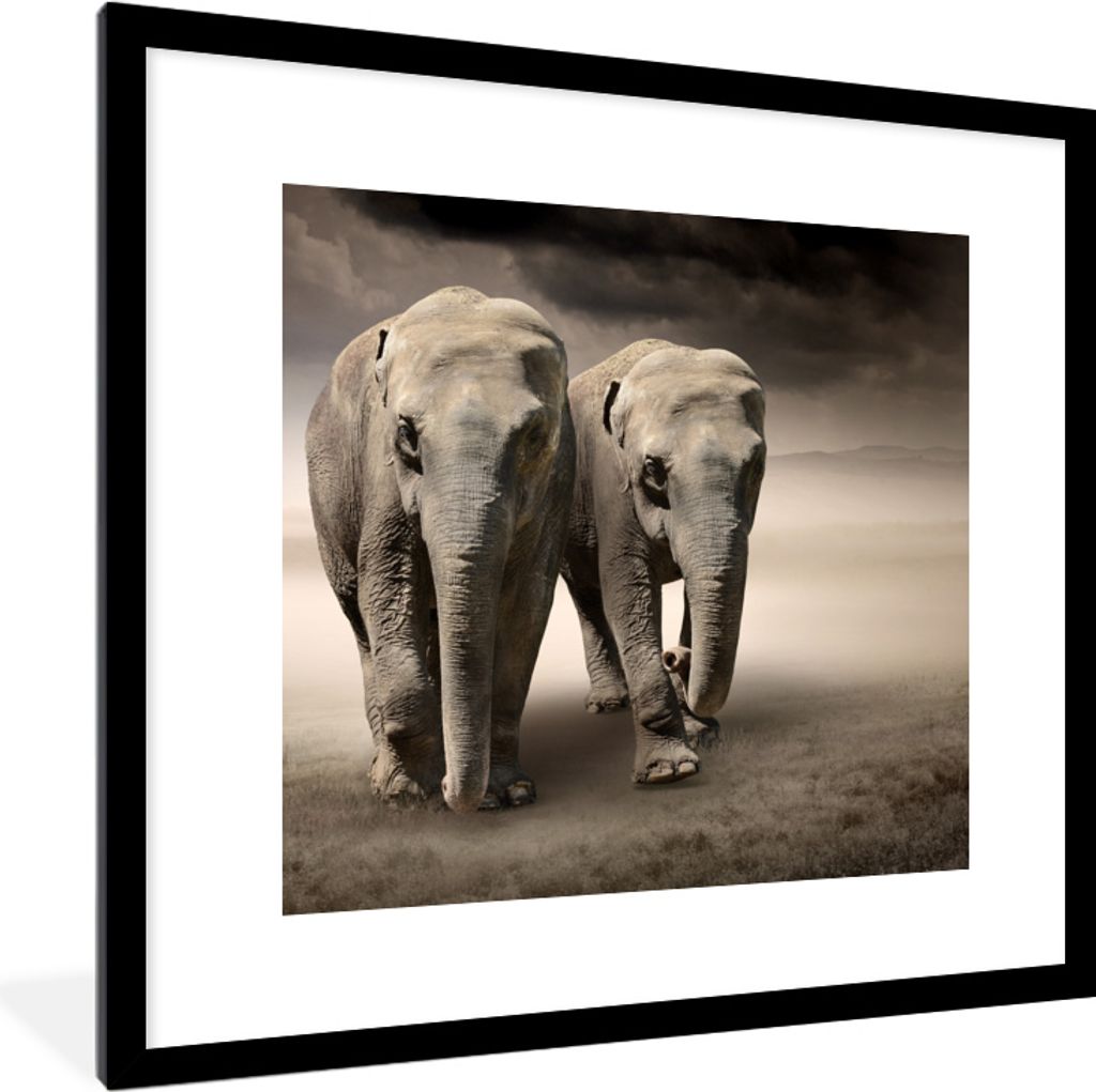MuchoWow MuchoWow Gerahmtes Poster Elefant - Ehepaar - Berg 40x40 cm - Poster mit zchwarzem Bilderrahmen - Poster - Plakat im Rahmen
