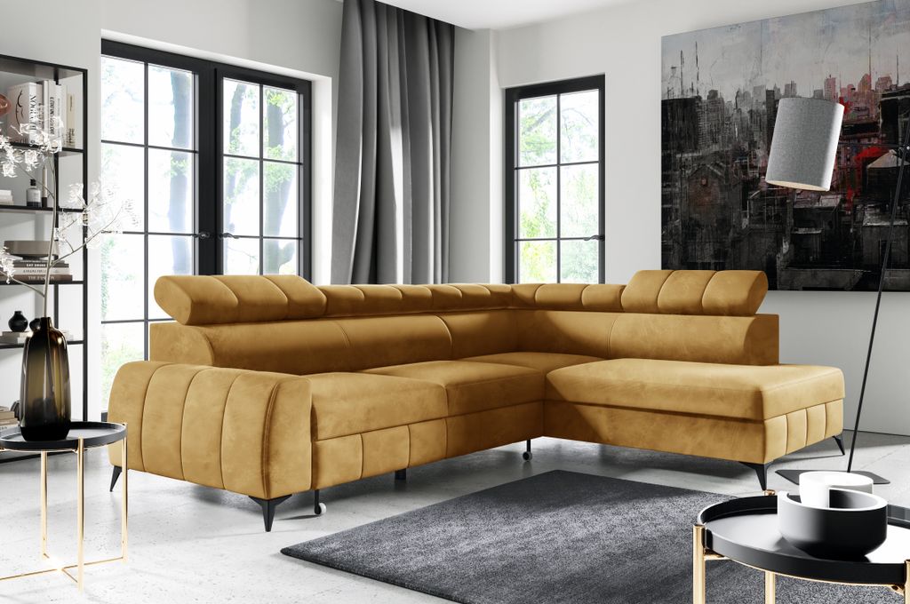 Modernes Ecksofa LAGET Couch mit Schlaffunktion und Bettkasten, L-form - rechte Seite, Farbe: Gold, Monolith 48