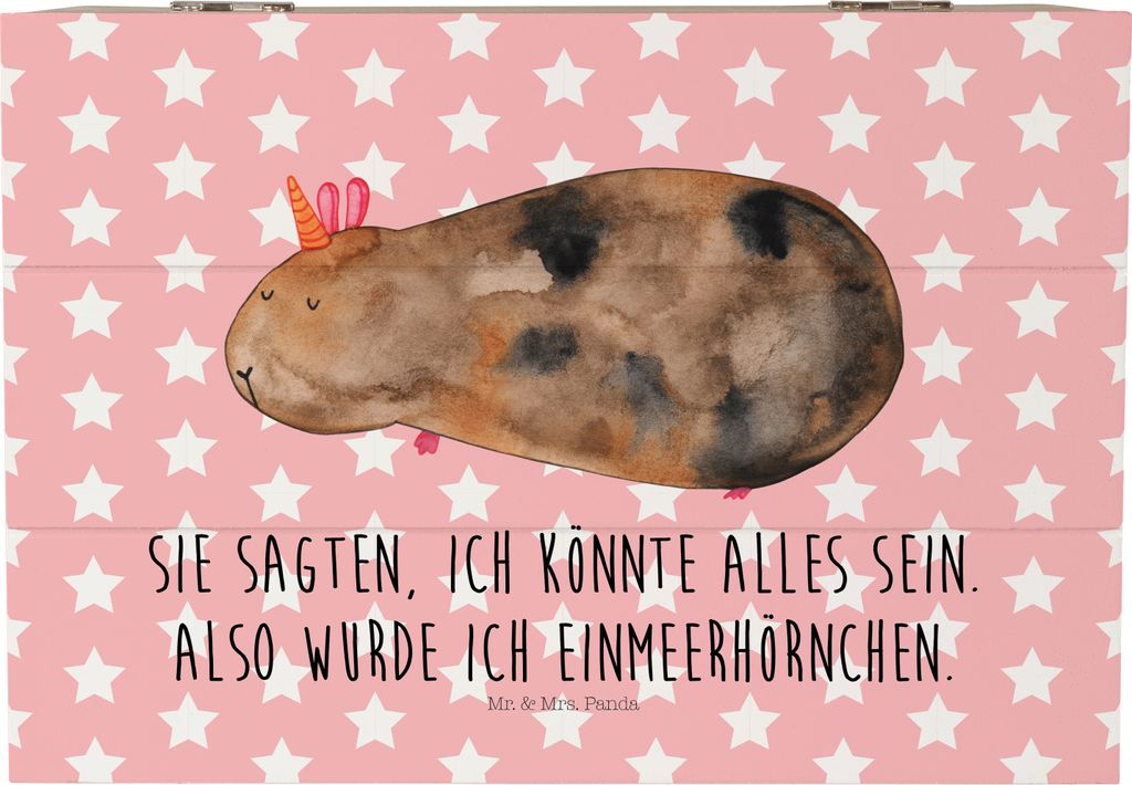 Mr. & Mrs. Panda Holztruhe Einhorn Meerschweinchen 22 x 15 cm - Rot Pastell - Geschenk, Unicorn, fotobox, Meerhörnchen, Einhörner, Holzkiste, sch...