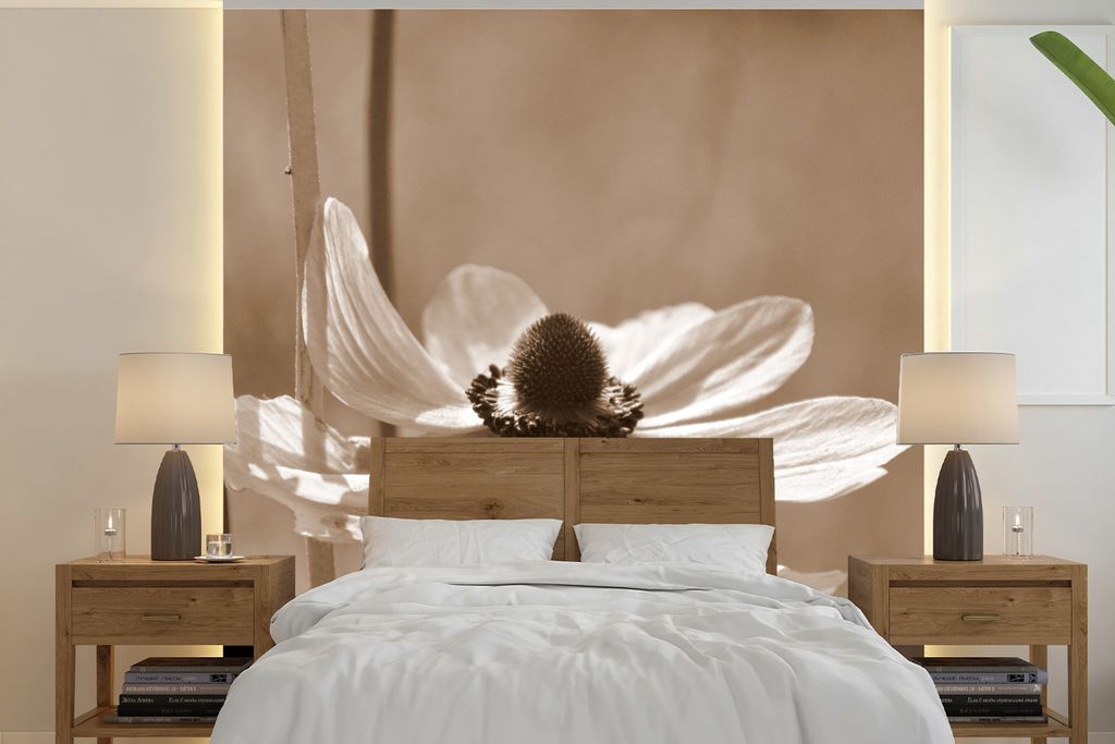 MuchoWow Fototapete für Wohnzimmer oder Schlafzimmer Wandtapete Vinyl Motivtapete Blume der Anemone Sepia-Fotodruck - 240x240 cm - Schlafzimmer-...