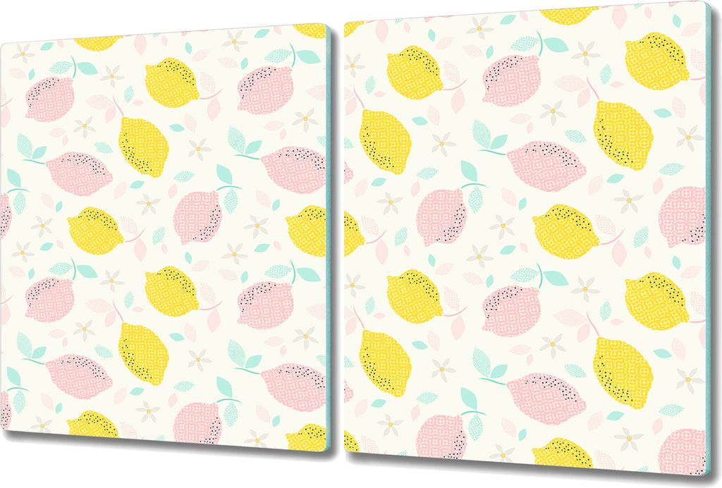 Glas-Herdabdeckplatte Glaskeramikkochfeld-Abdeckung Spritzschutz - 2x 40x52 cm - Zitronen mit Blumen