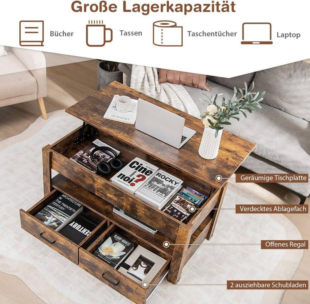 Verstellbarer Couchtisch mit Schubladen, Holz, 106 x 50 x 48 cm, Braun