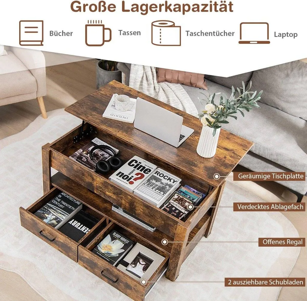 Table basse bois marron gain de place avec tiroirs et plateau mobile